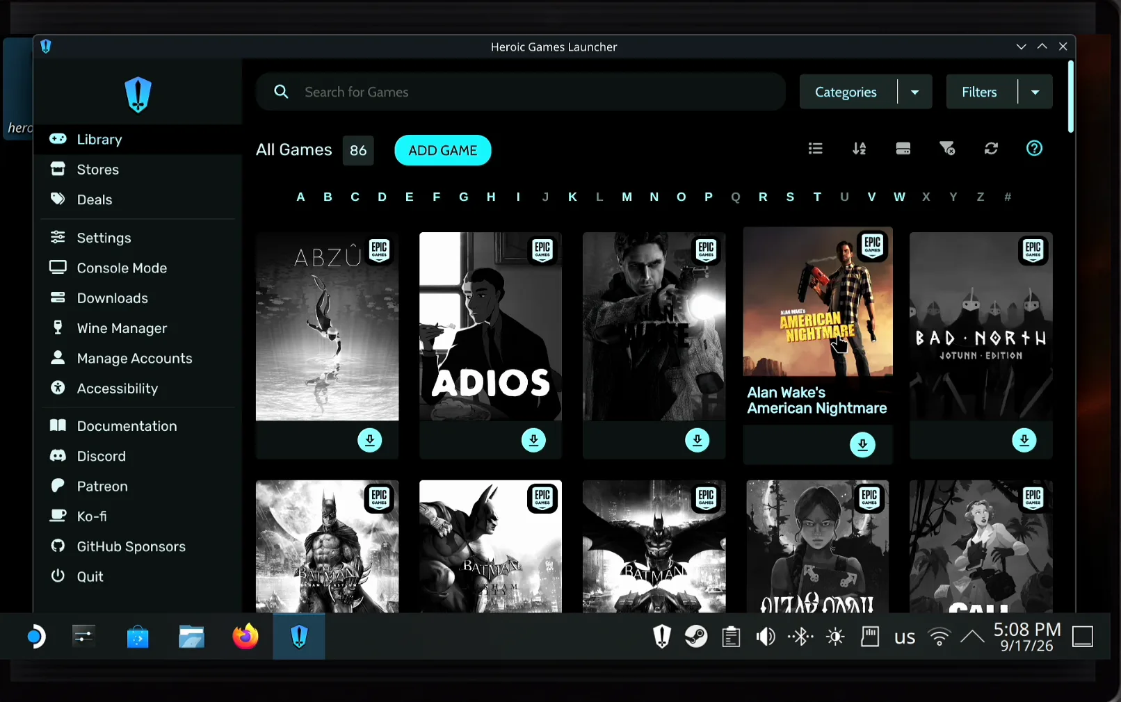 Heroic Games Launcher library on the Steam Deck with 86 Epic Games Store titles in the grid