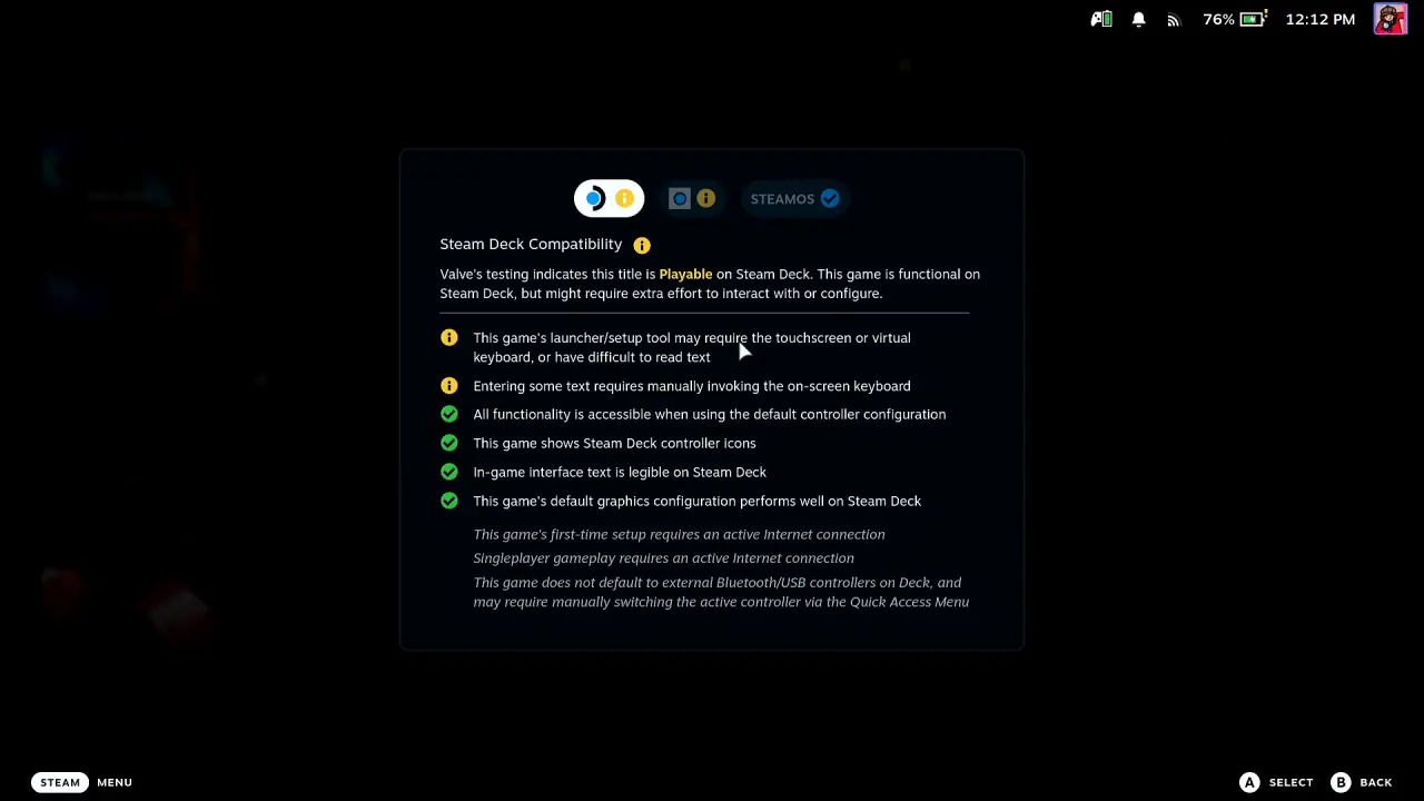 Steam Deck Compatibility panel for Mass Effect Legendary Edition reading Playable, with a warning that the launcher may require the touchscreen or virtual keyboard