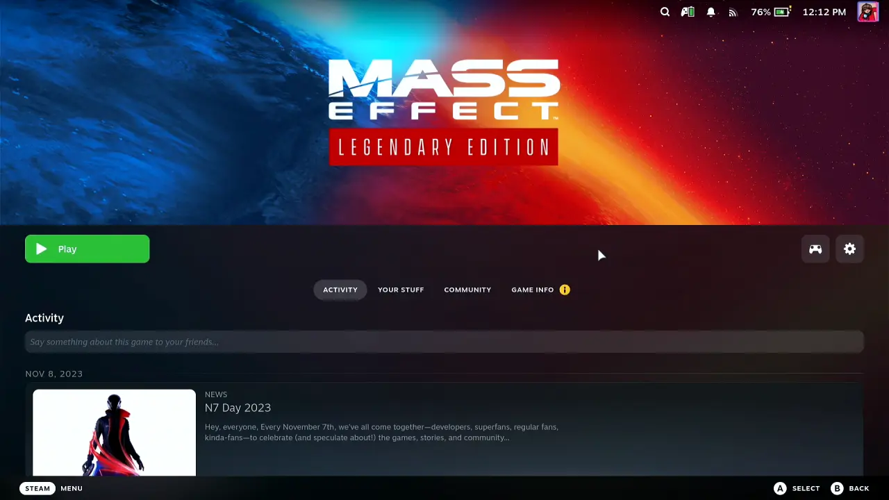 Mass Effect Legendary Edition page in Steam Game Mode on the Steam Deck with the green Play button and the Game info tab
