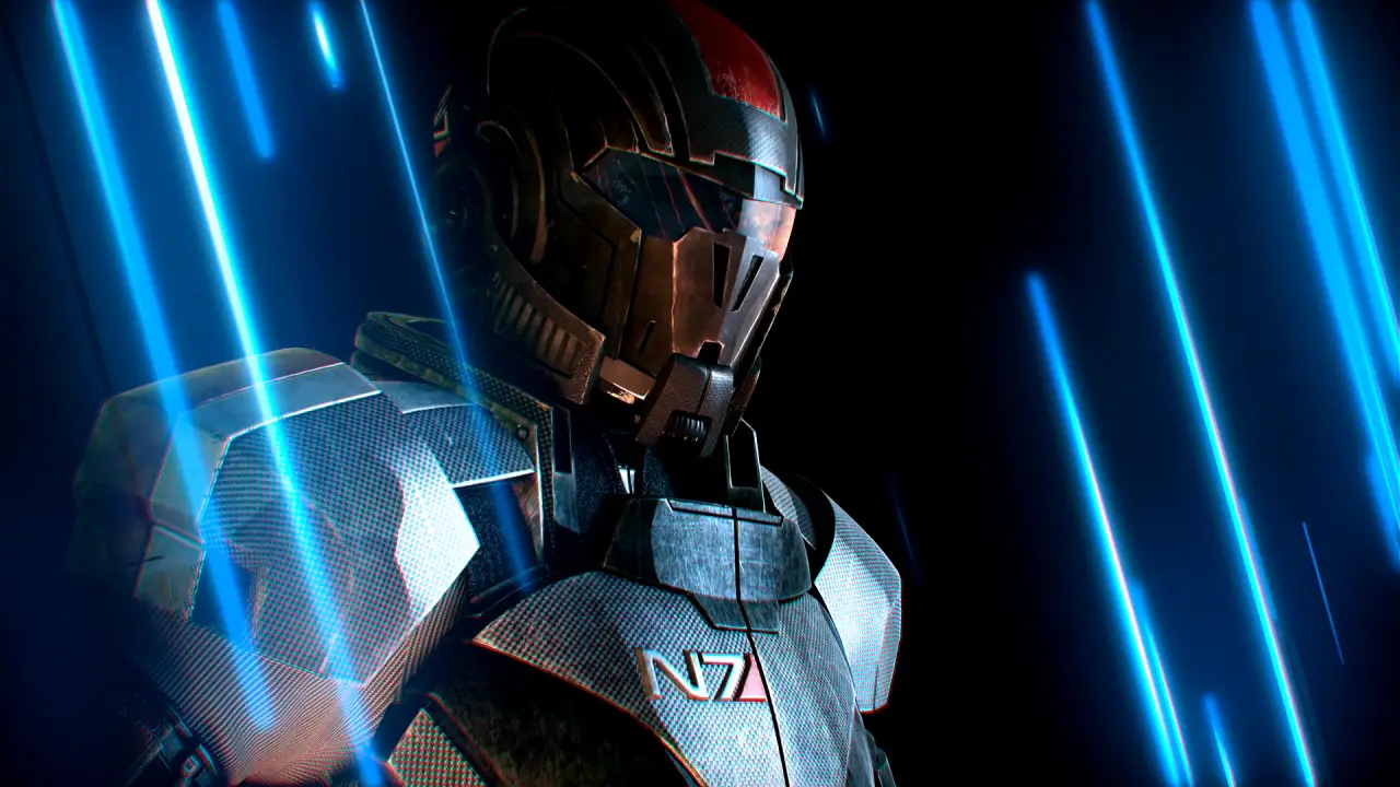 The Mass Effect intro cinematic running on the Steam Deck, showing a character in N7 armour