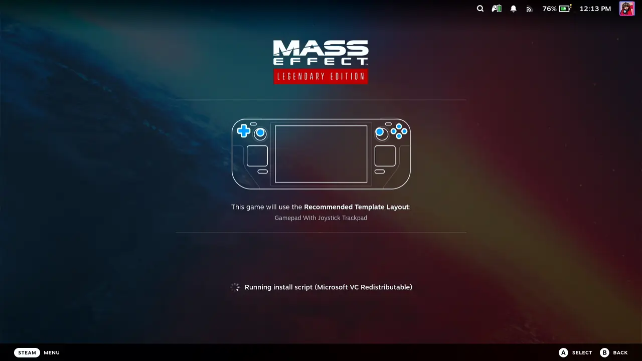 Steam on the Steam Deck showing Running install script (Microsoft VC Redistributable) over the Mass Effect Legendary Edition launch screen