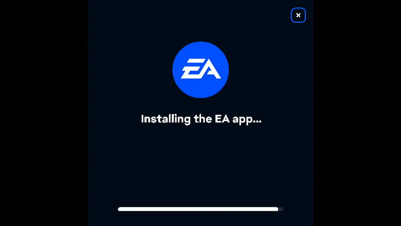 The EA app on the Steam Deck showing Installing the EA app with a progress bar nearly full