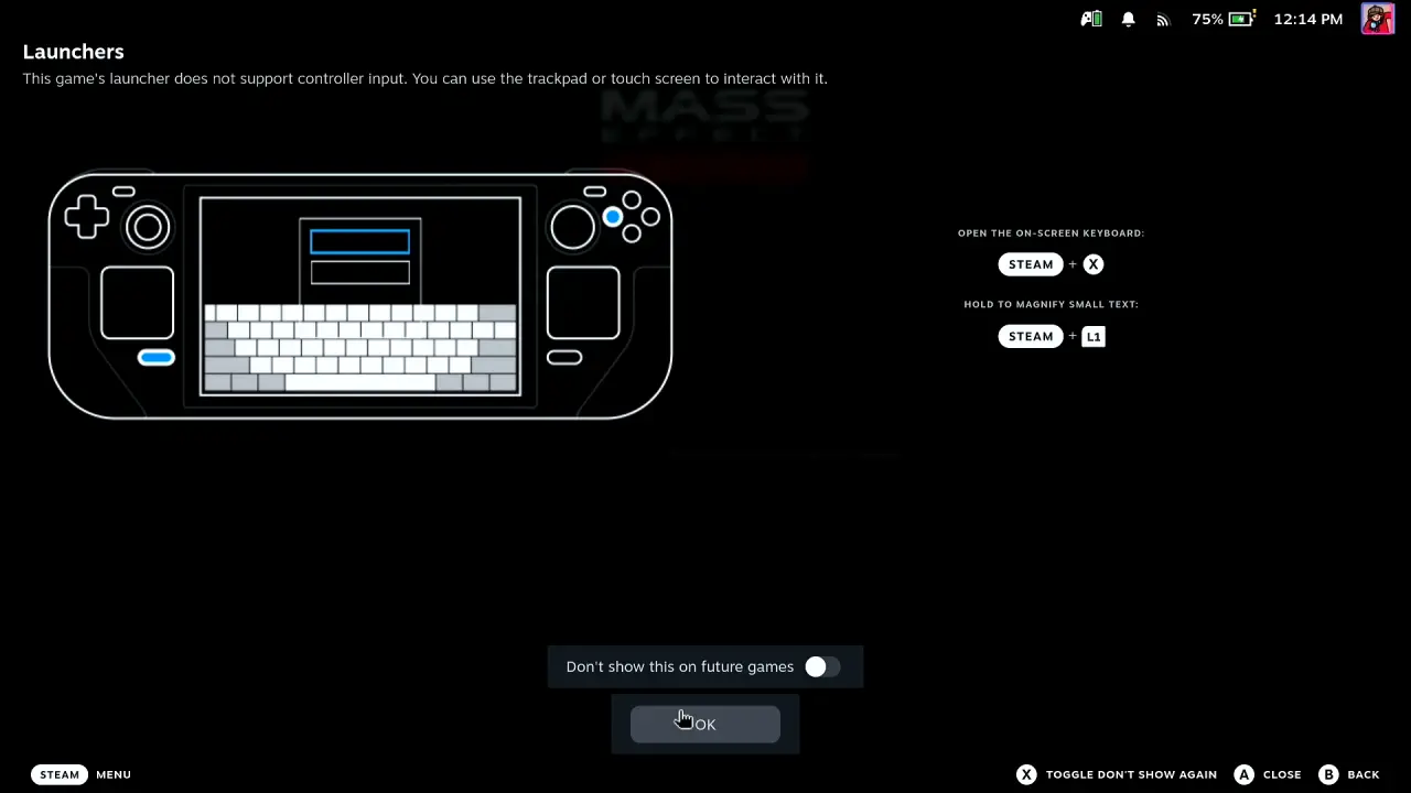 Steam's Launchers notice on the Steam Deck saying the launcher does not support controller input, with the pointer on the OK button