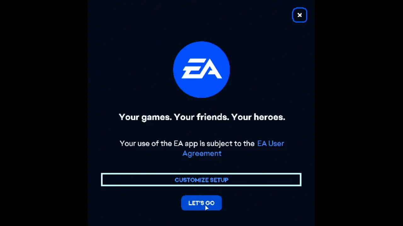 The EA app's first window on the Steam Deck with the pointer on the Let's go button, moved there from the phone
