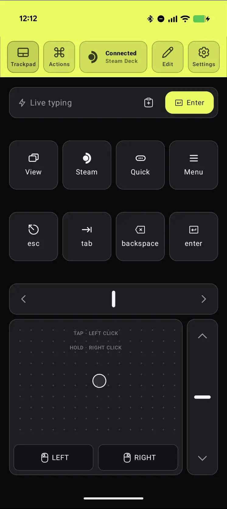 Deck Pointer on the phone with the chip at the top reading Connected, Steam Deck, above the Live typing field, shortcut keys and trackpad