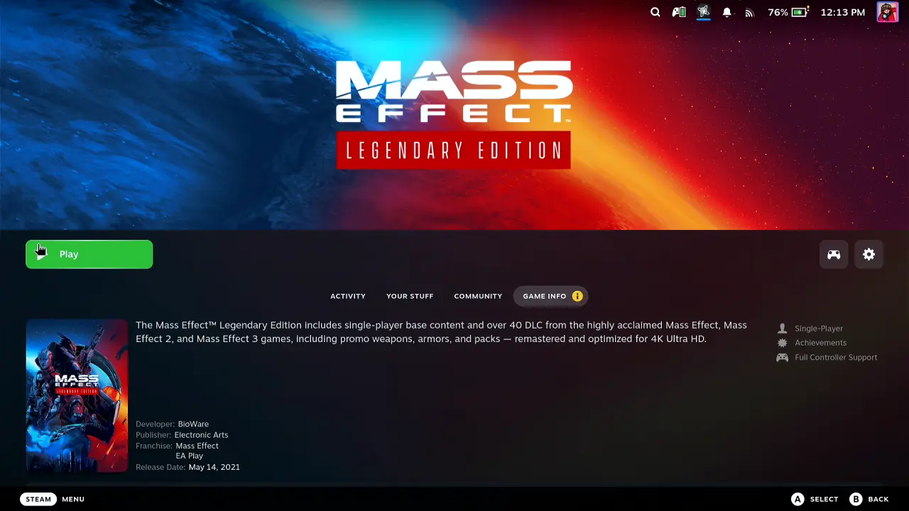 Mass Effect Legendary Edition Game info page on the Steam Deck with the pointer over the green Play button