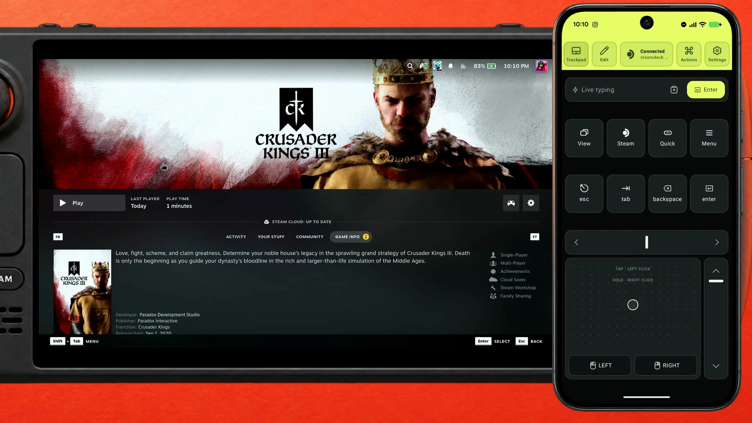 A página do Crusader Kings III na biblioteca da Steam em um Steam Deck, com o botão Play, ao lado de um celular com o Deck Pointer