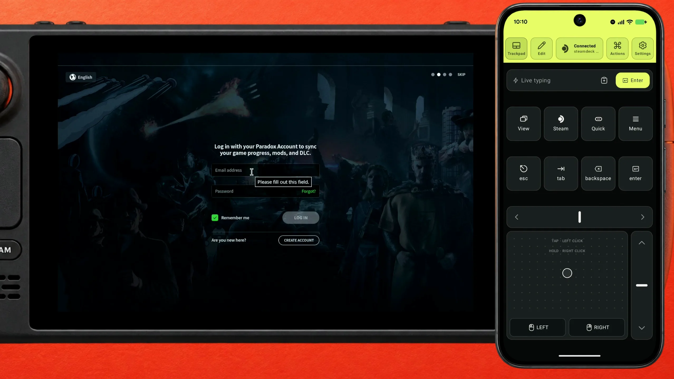O formulário Log in with your Paradox Account do launcher da Paradox no Steam Deck