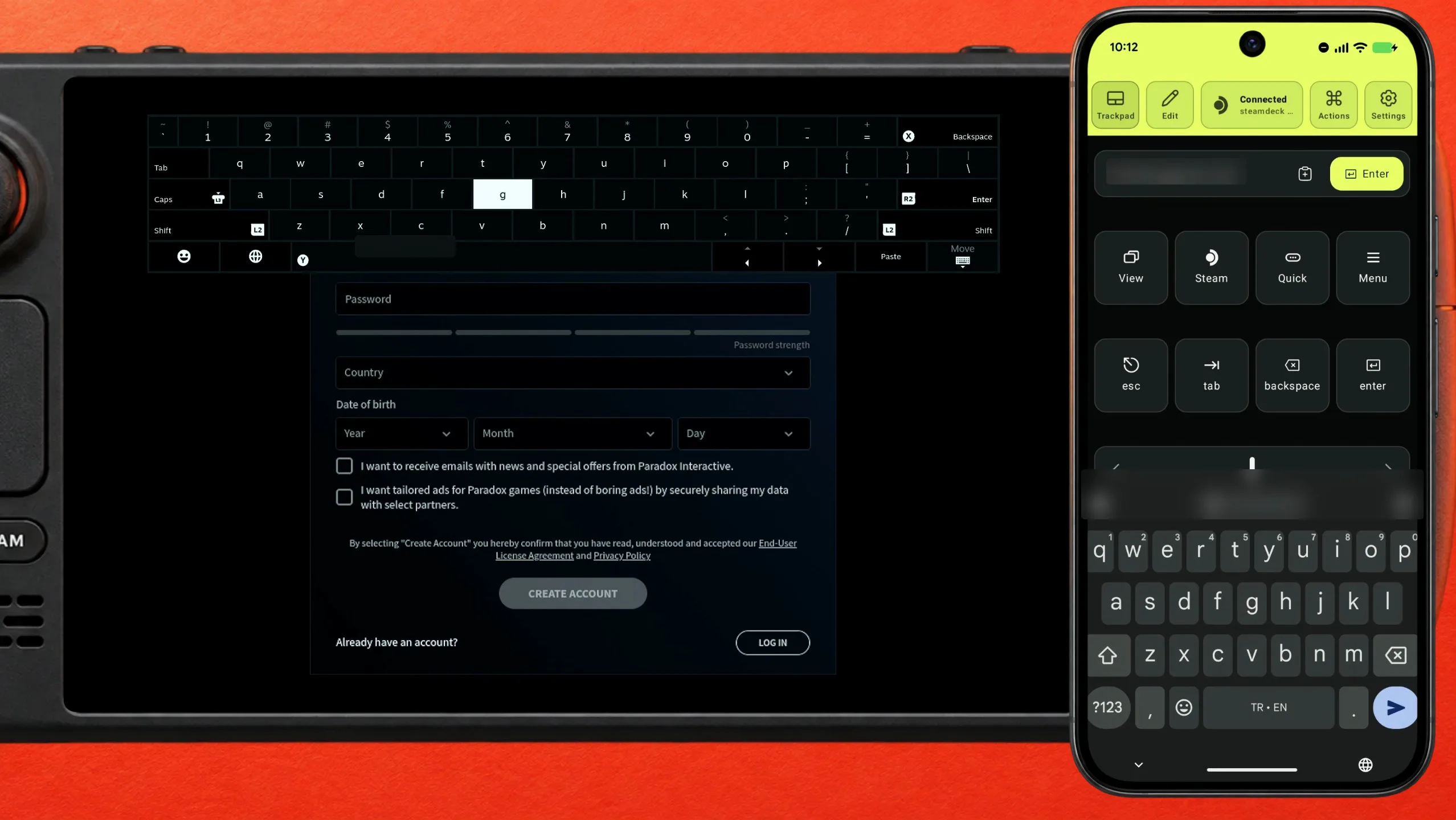 O teclado na tela do Steam Deck cobrindo a metade de baixo do formulário da conta Paradox, com o teclado do próprio celular ao lado