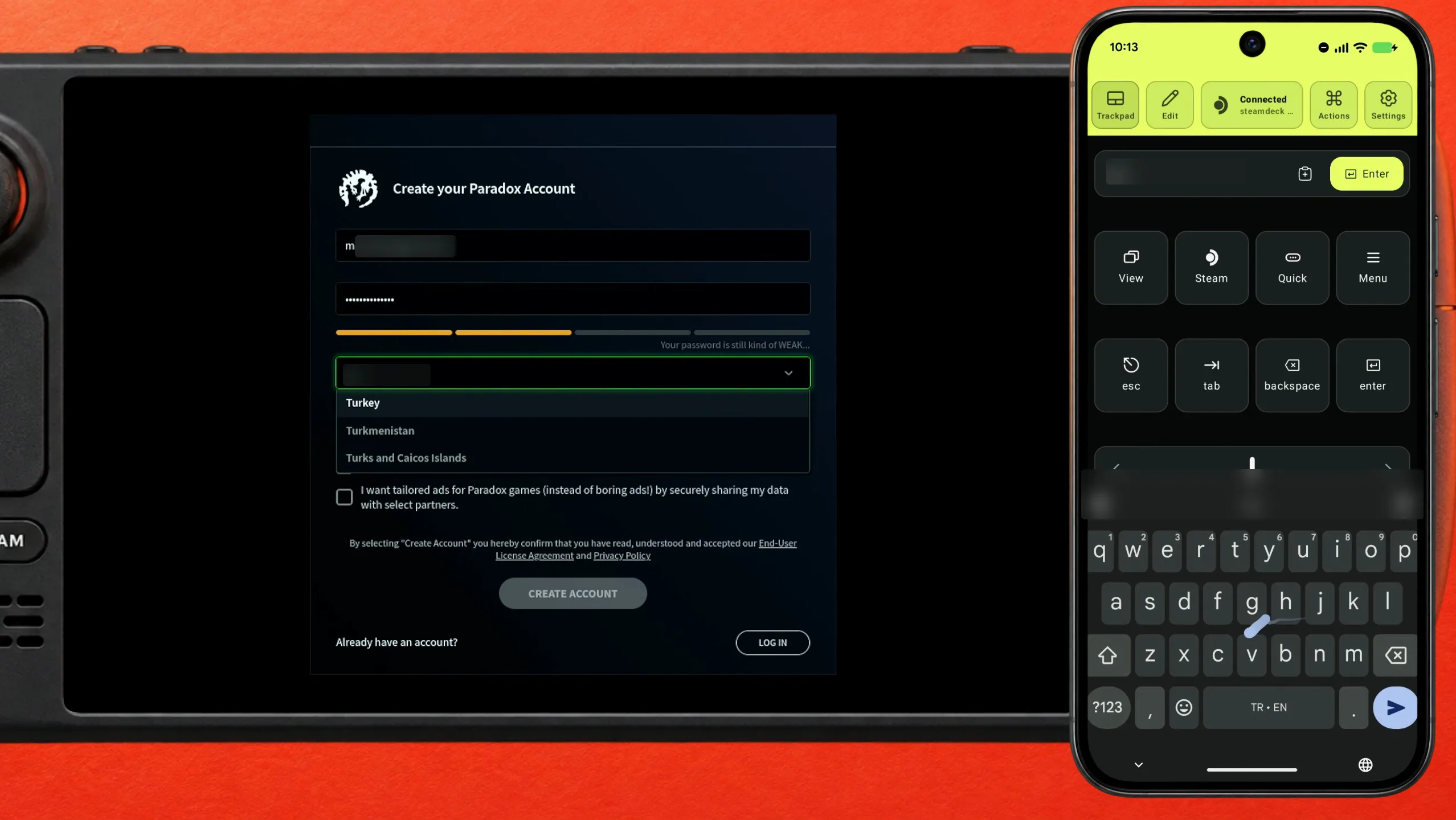 A mesma lista filtrada para Turkey depois de digitar, com o teclado do Deck Pointer no celular