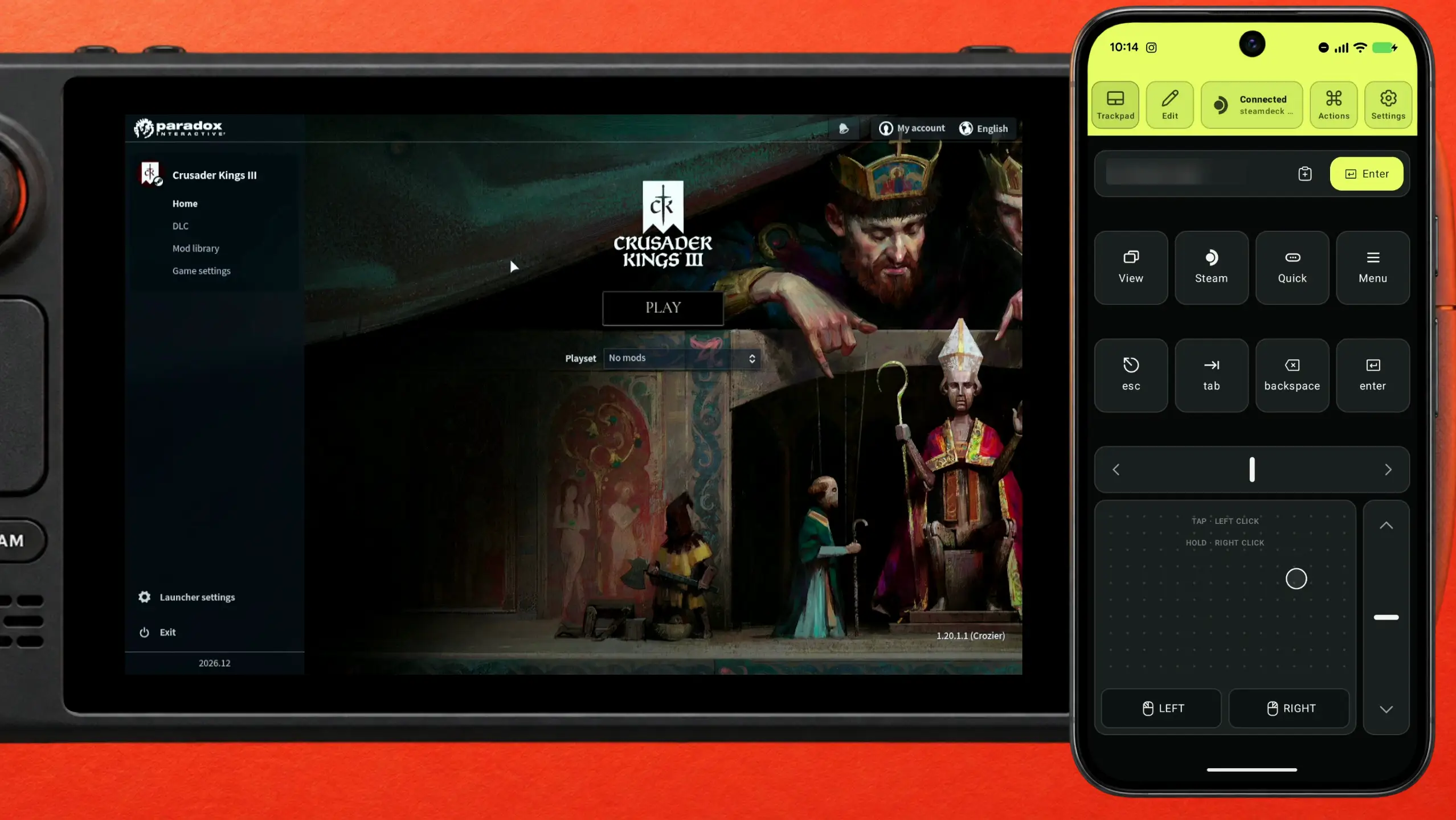 O launcher da Paradox com login feito no Steam Deck, mostrando o Crusader Kings III com um botão Play