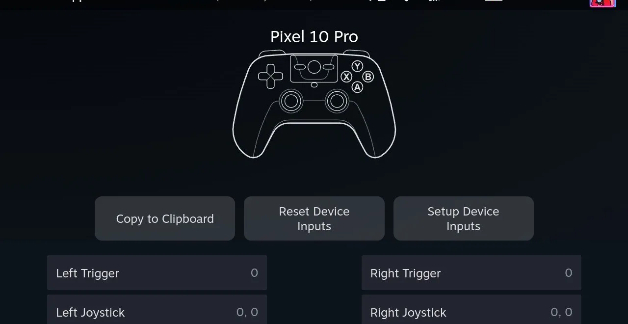 SteamOS device input setup showing a Pixel 10 Pro detected as a controller