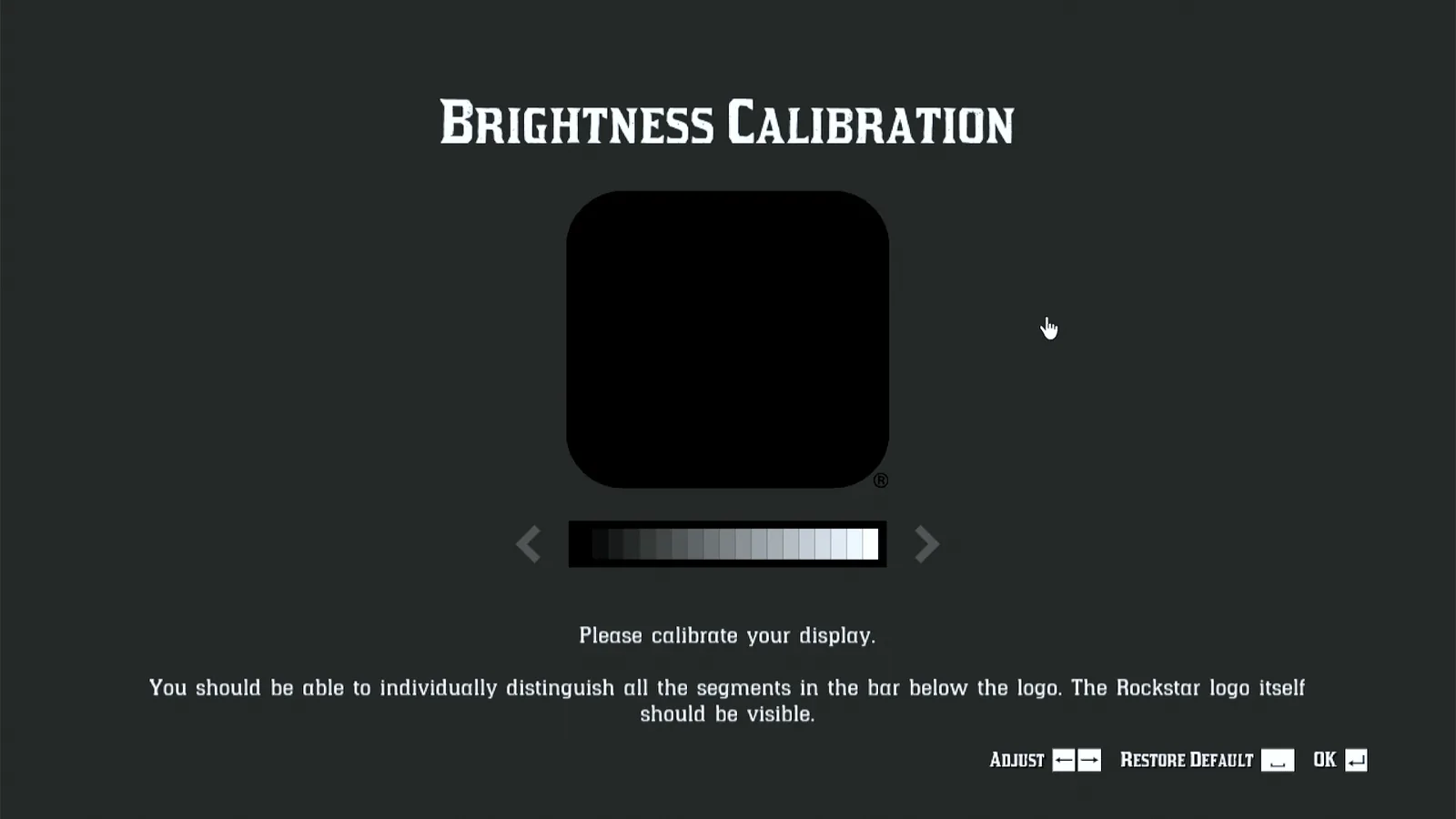 Red Dead Redemption 2 Brightness Calibration screen on the Steam Deck with the Rockstar logo box and a brightness bar