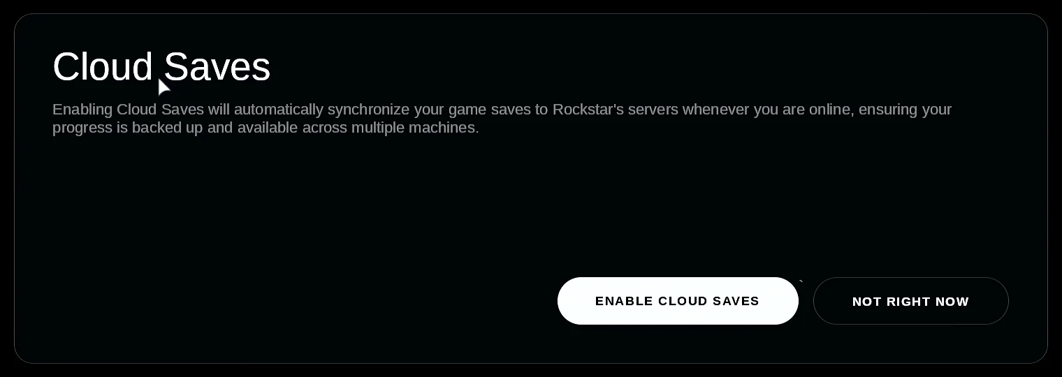 Rockstar's Cloud Saves dialog on the Steam Deck with the Enable cloud saves and Not right now buttons