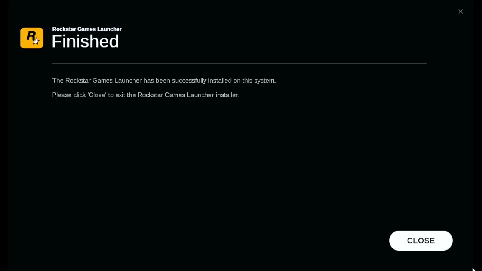 Rockstar Games Launcher installer on the Steam Deck at Finished, with the Close button