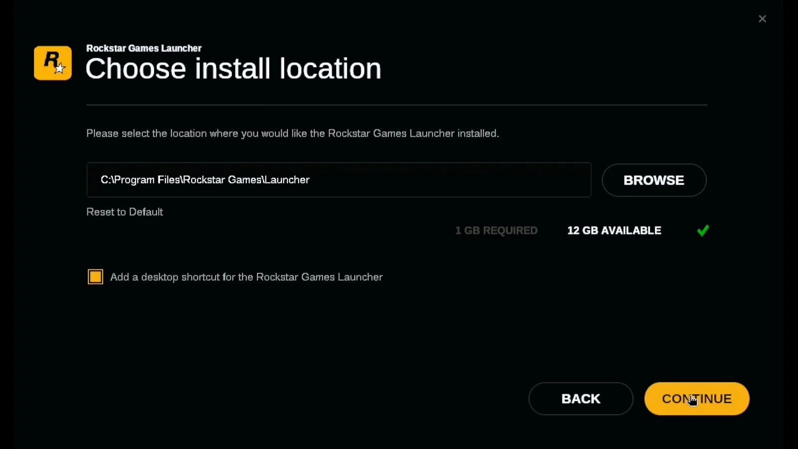Rockstar Games Launcher installer on the Steam Deck at Choose install location, with the default folder and Continue highlighted
