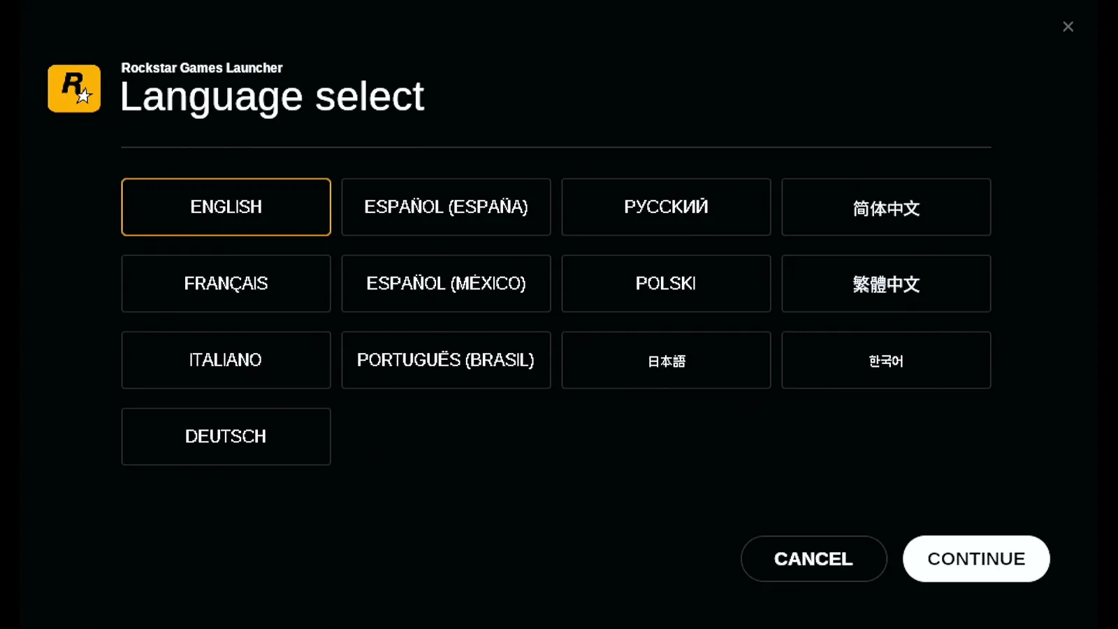 Rockstar Games Launcher installer on the Steam Deck at Language select, with English chosen and the Cancel and Continue buttons