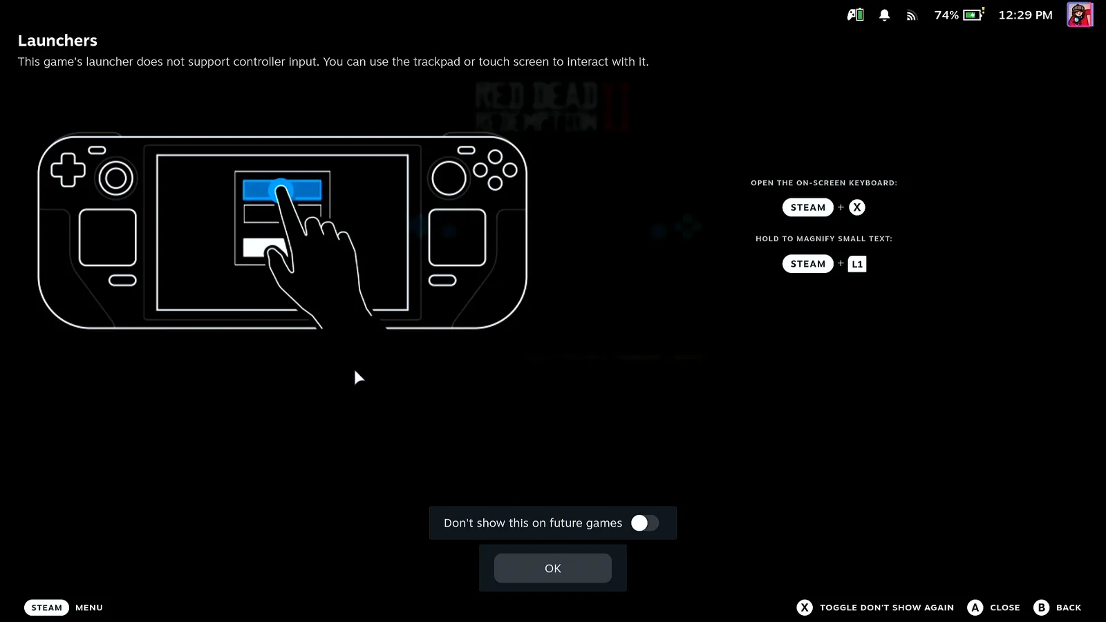 Steam's Launchers notice on the Steam Deck saying the game's launcher does not support controller input, with an OK button