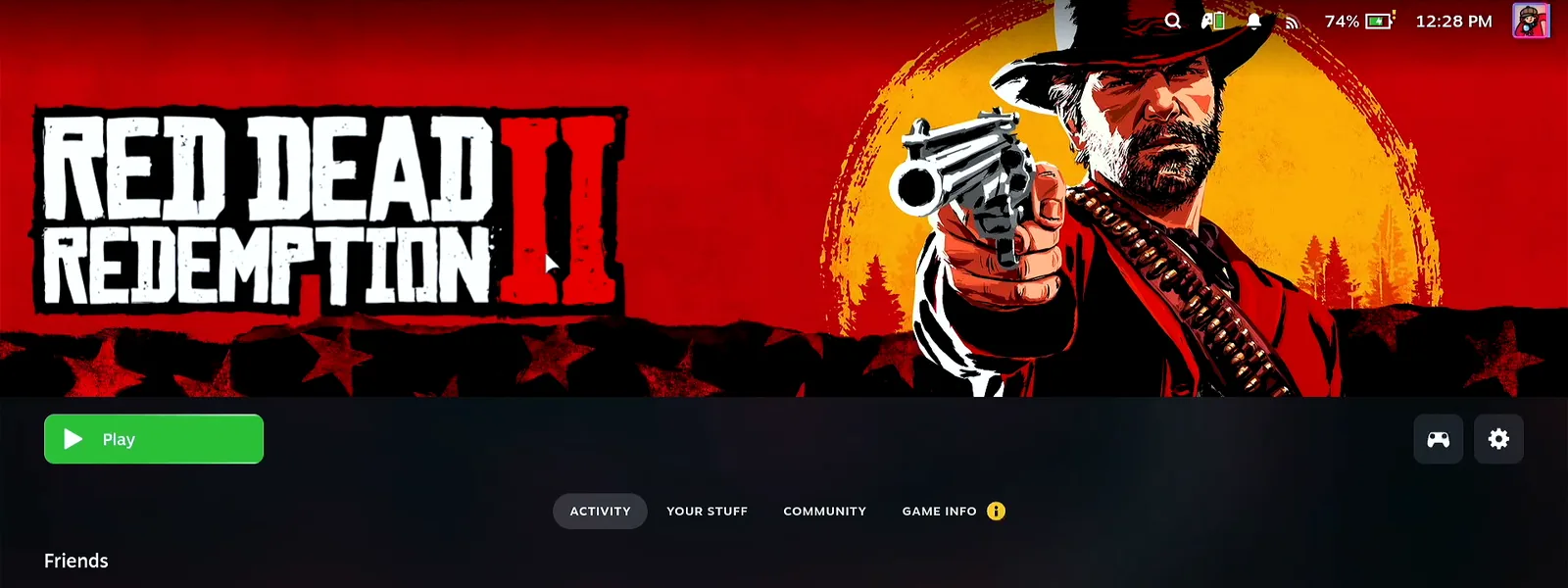 Red Dead Redemption 2 in the Steam library on the Steam Deck in Game Mode, with the green Play button
