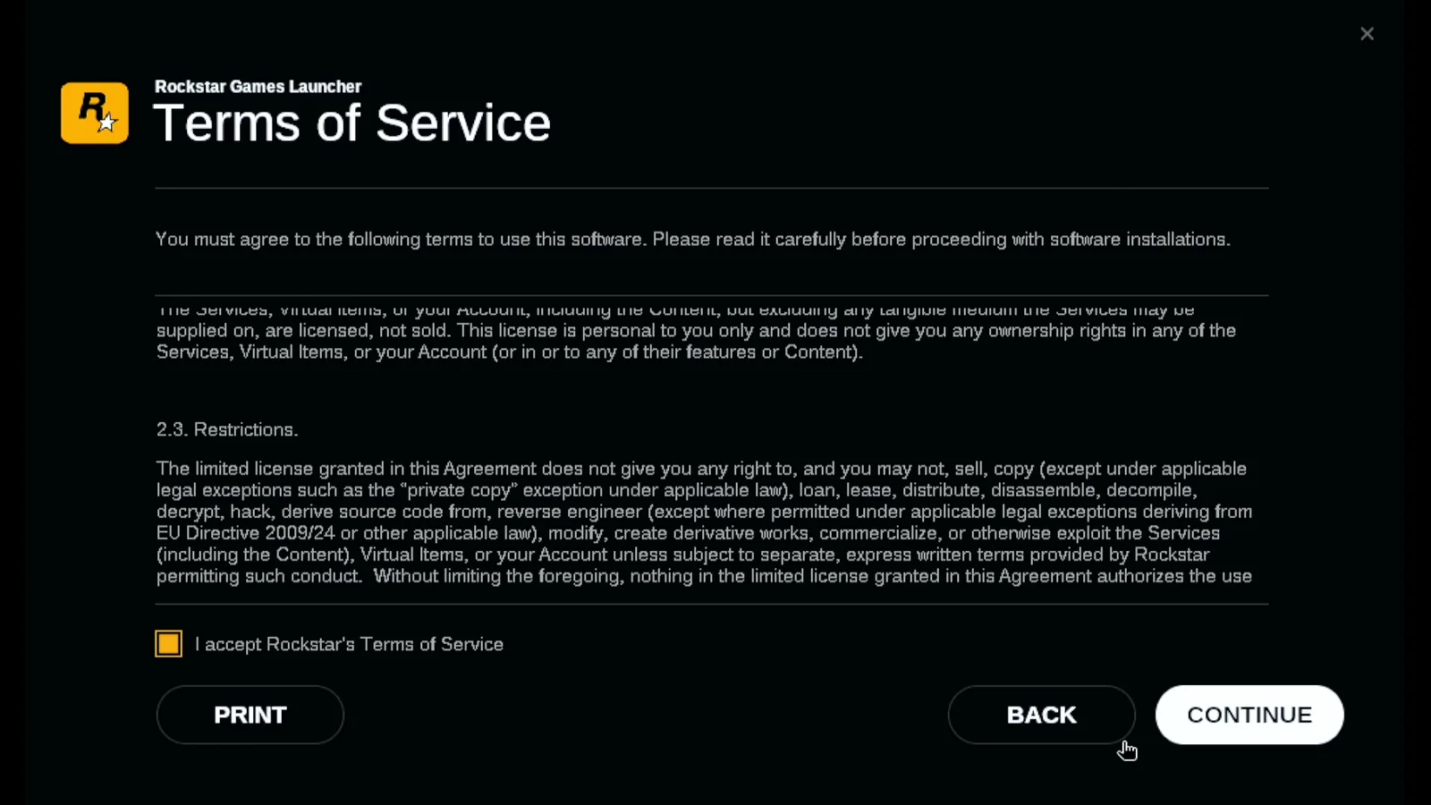 Rockstar Games Launcher on the Steam Deck showing the Terms of Service scrolled to section 2.3, with I accept Rockstar's Terms of Service ticked