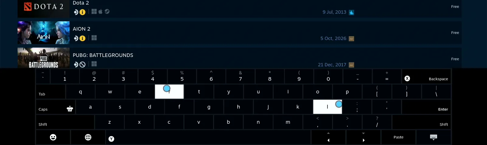 Экранная клавиатура Steam Deck: X на Backspace, L2 на Shift, L3 на Caps, R2 на Search и Y на пробеле