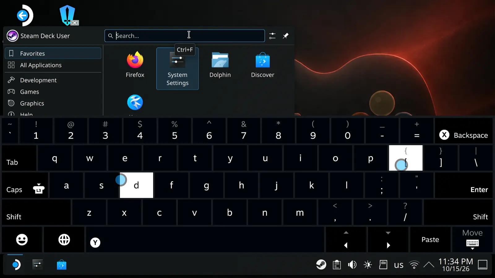 Steam Deck в Desktop Mode: открыто меню приложений KDE, поверх рабочего стола экранная клавиатура Steam