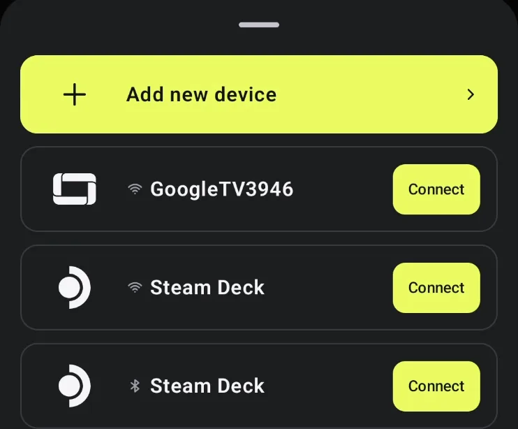 Панель устройств Deck Pointer: Add new device и сохранённые устройства, у каждого рядом кнопка Connect