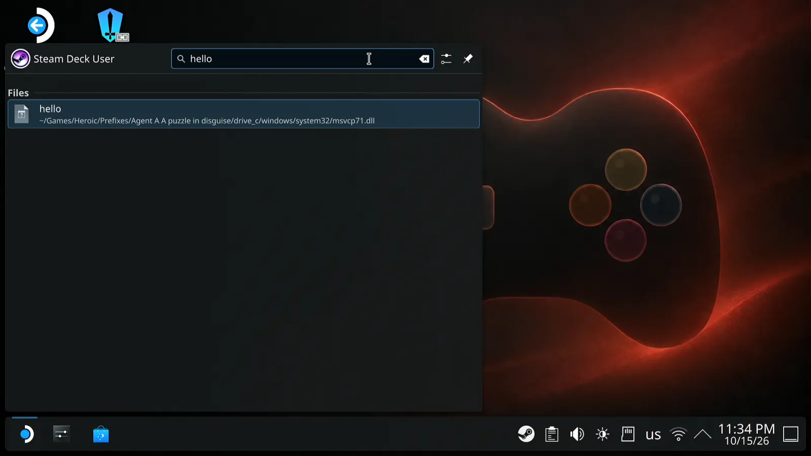 Меню приложений KDE на Steam Deck, в строке поиска hello, набранное с телефона