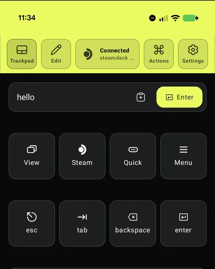 Deck Pointer подключён, в поле Live typing набрано hello, рядом кнопка Enter