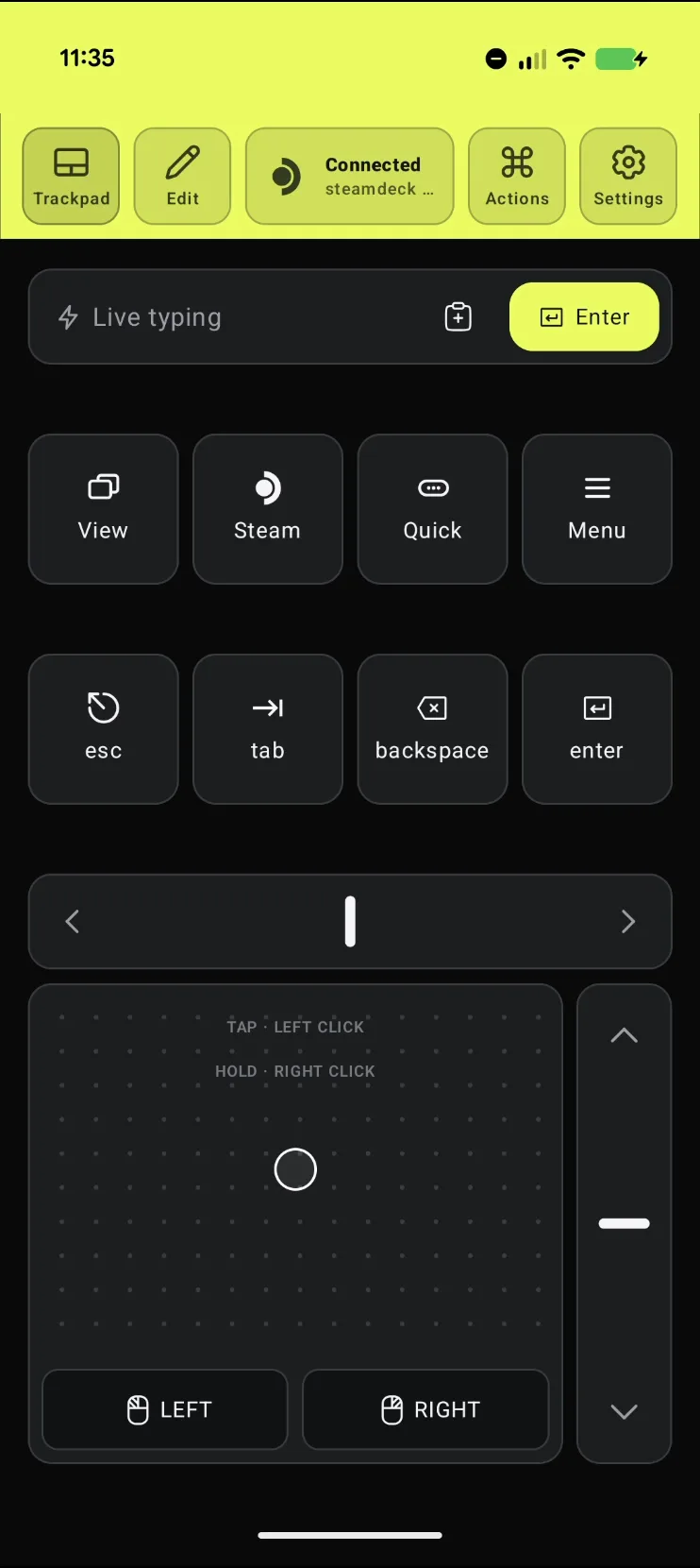 Раскладка Steam Deck в Deck Pointer: клавиши View, Steam, Quick, Menu, esc, tab, backspace и enter над трекпадом