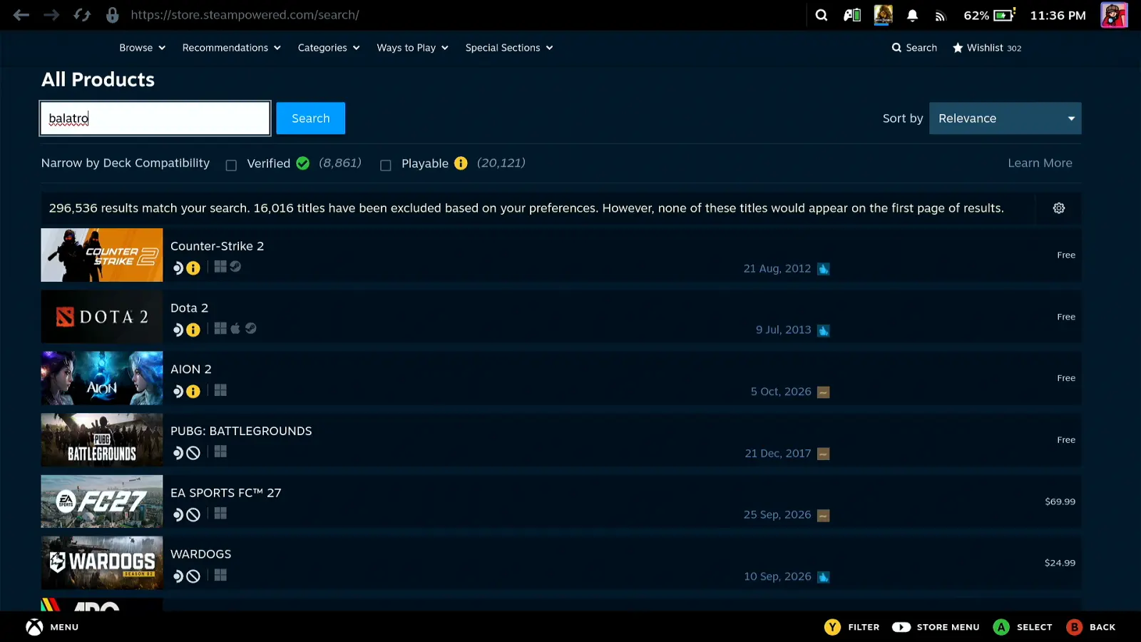 Строка поиска Steam Store на Deck с набранным balatro, с телефона, экранная клавиатура не мешает