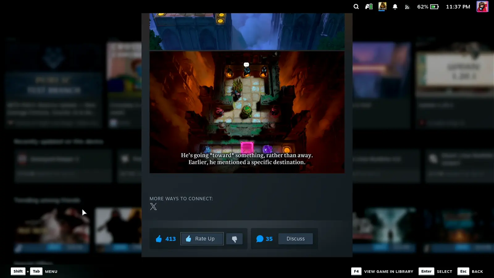Новостной пост Steam, открытый на Deck, с кнопкой Rate Up, до которой дошли курсором с телефона