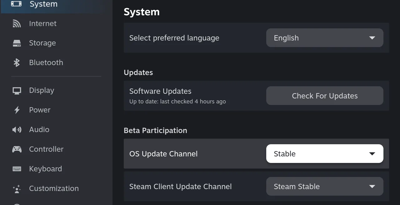 Steam Deck Settings, System page: under Beta Participation, OS Update Channel is set to Stable, with Steam Client Update Channel below it