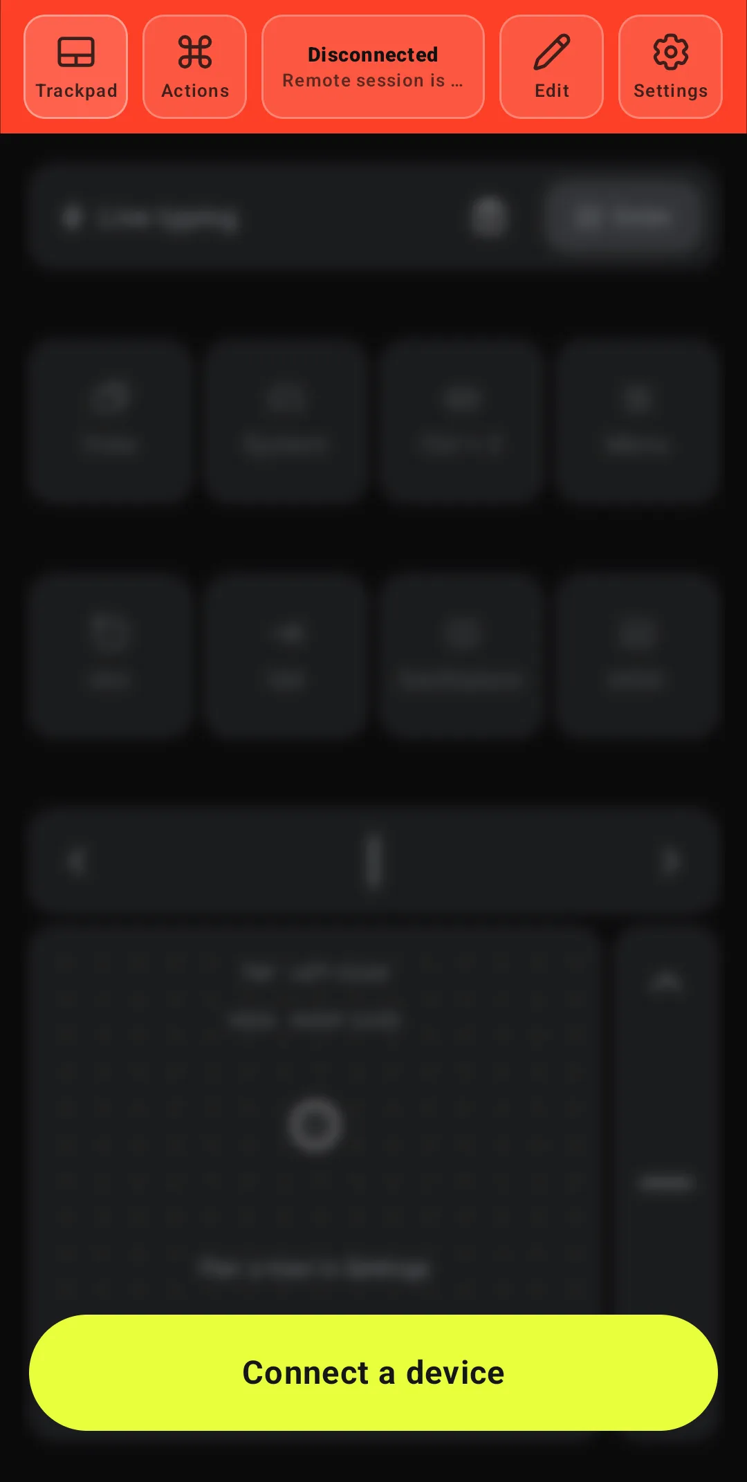 Deck Pointer on Android before connecting: red Disconnected header and a lime Connect a device button over the blurred controls