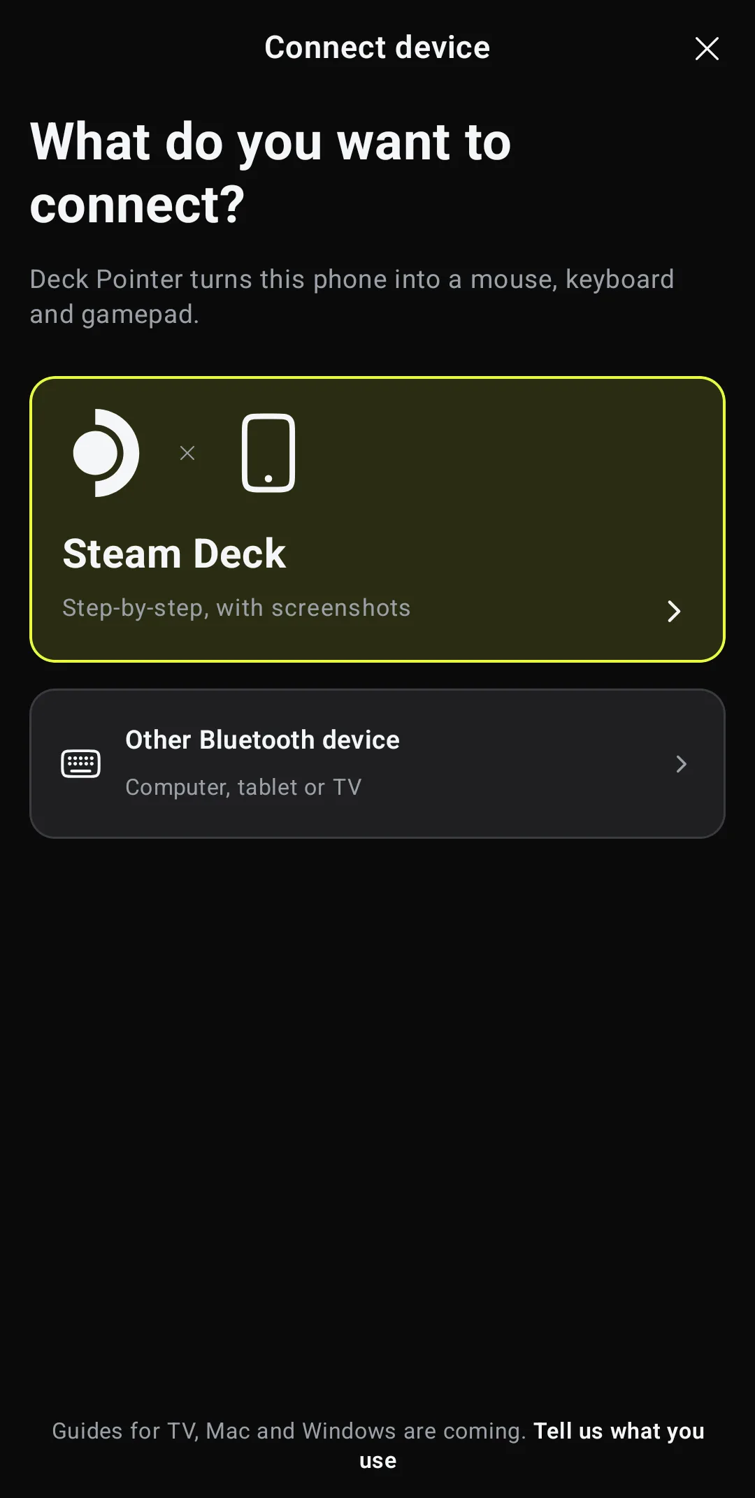 Connect wizard asking What do you want to connect, with Steam Deck and Other Bluetooth device
