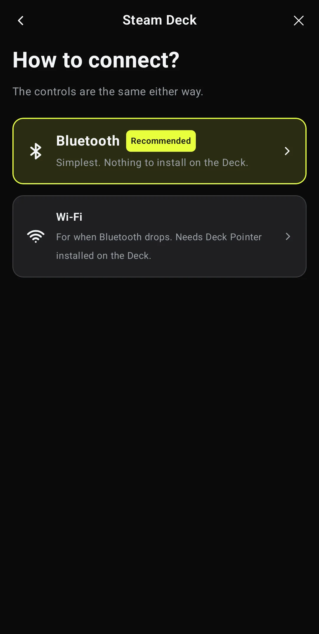 Wizard question How to connect, with Bluetooth marked Recommended and Wi-Fi below it