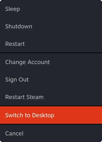 Steam Deck Power menu with Switch to Desktop highlighted