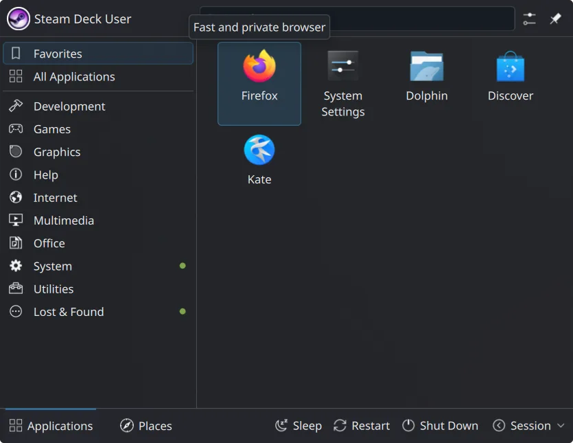 Steam Deck desktop app menu with Firefox in Favorites