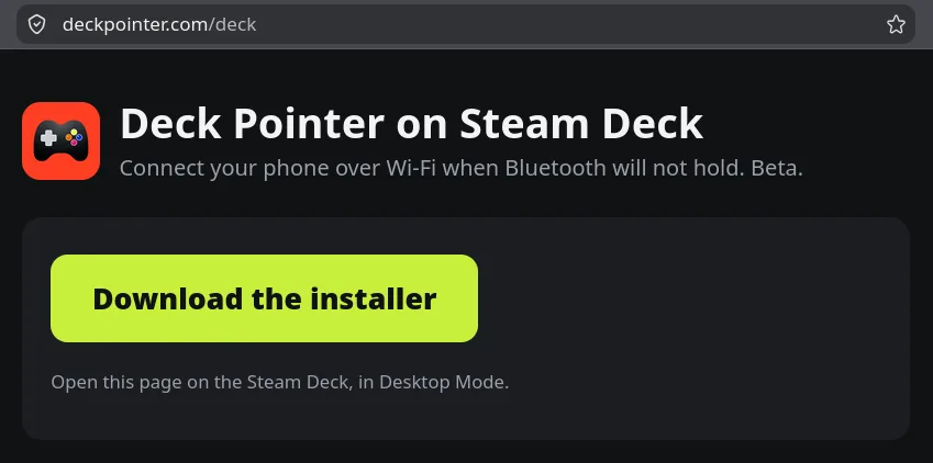 The Deck Pointer on Steam Deck page in Firefox with a lime Download the installer button