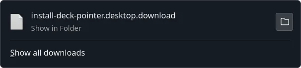 Firefox downloads panel showing install-deck-pointer.desktop.download