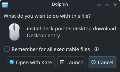 Dolphin asking What do you wish to do with this file, with Open with Kate, Launch and Cancel