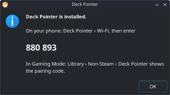 Deck Pointer installer saying Deck Pointer is installed, with a six-digit code