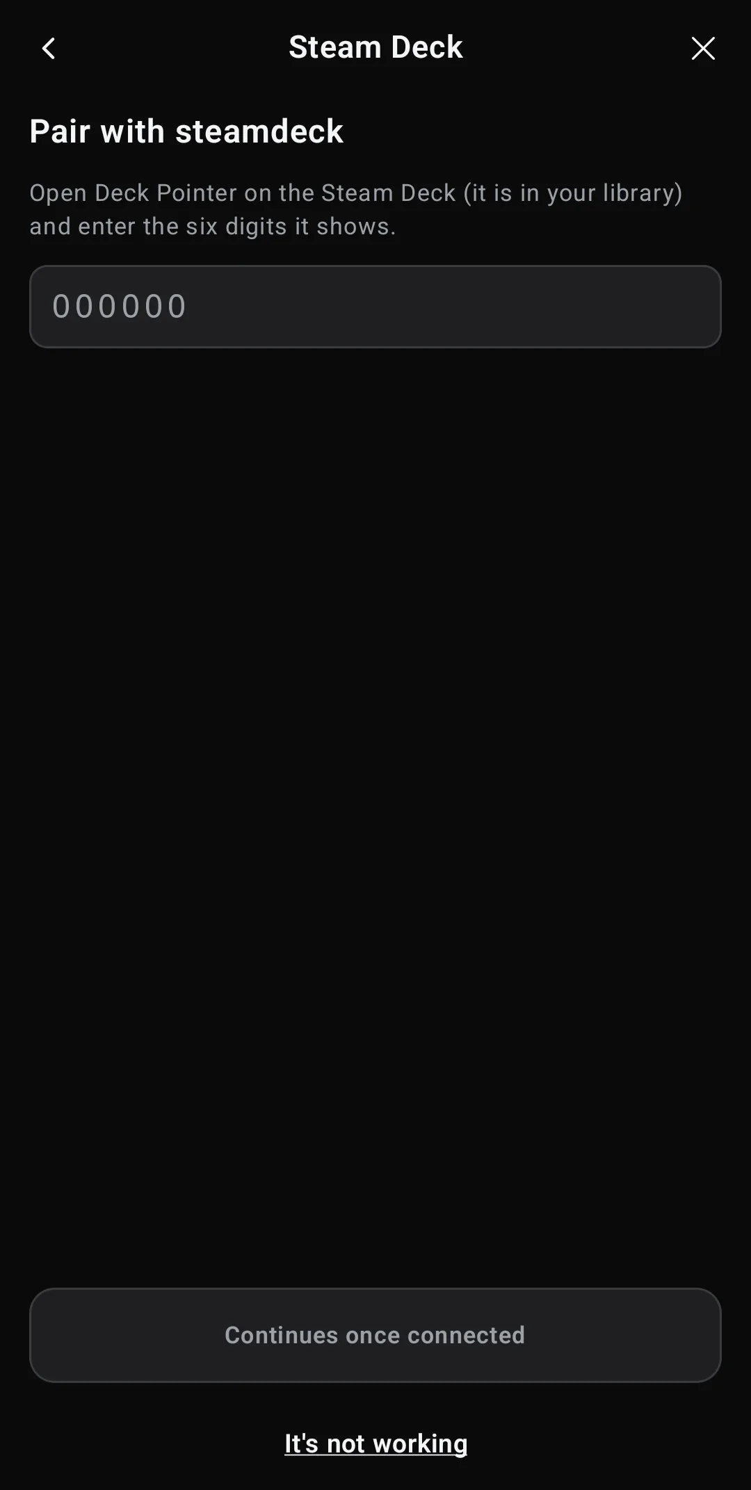 Wizard screen Pair with steamdeck with an empty six-digit code field