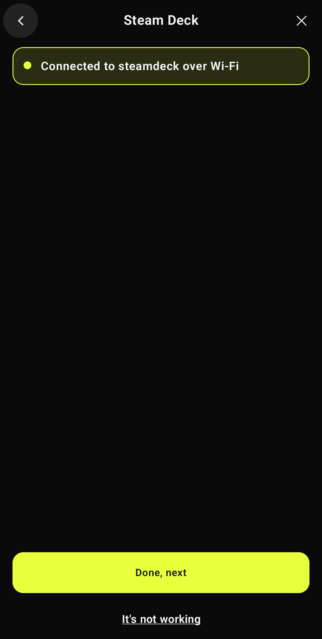 Wizard showing Connected to steamdeck over Wi-Fi with a Done, next button