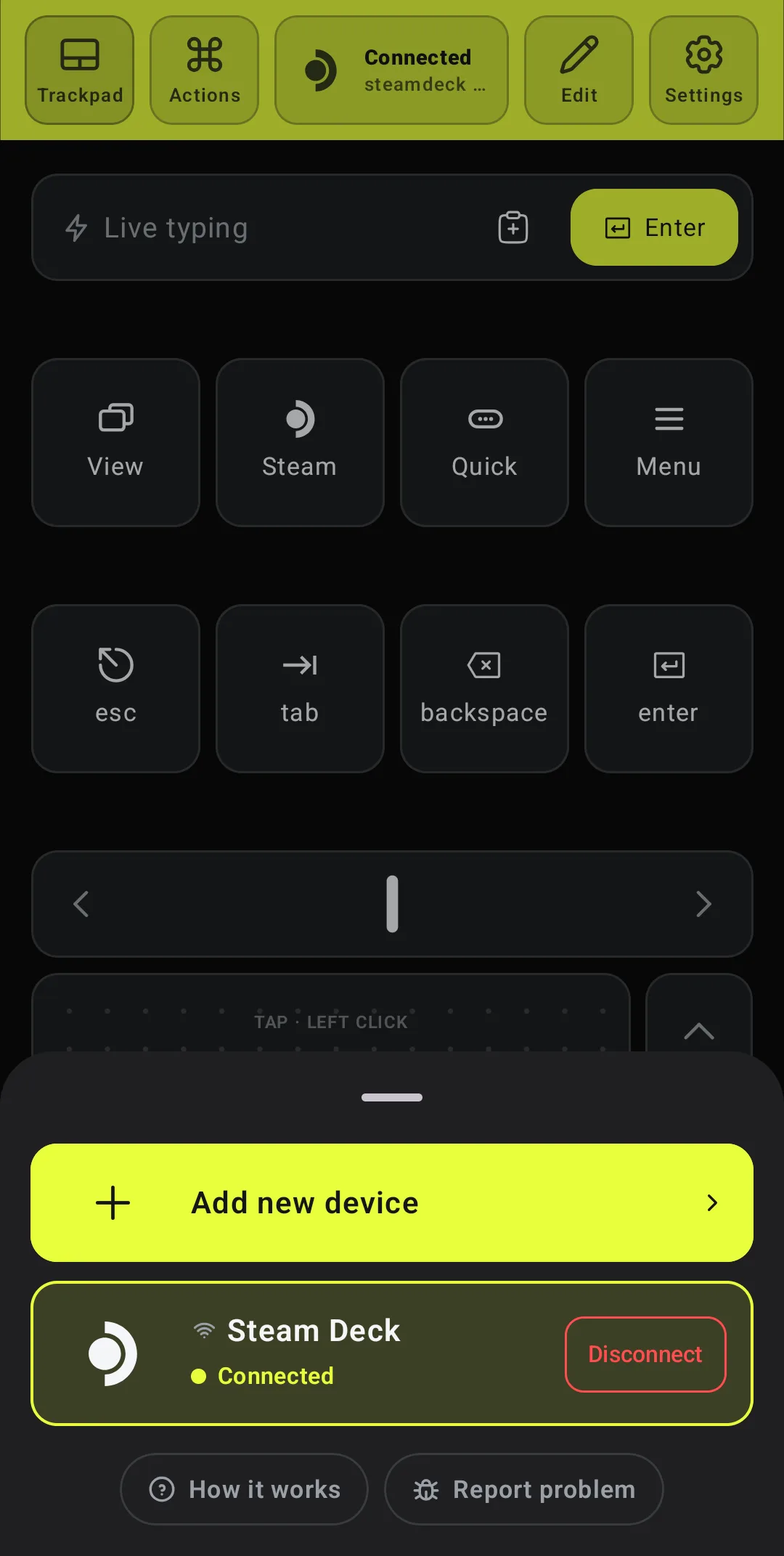 Deck Pointer device list with Steam Deck marked with a Wi-Fi icon and Connected