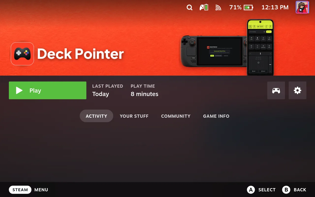 Deck Pointer's page in the Steam library in Gaming Mode with a Play button