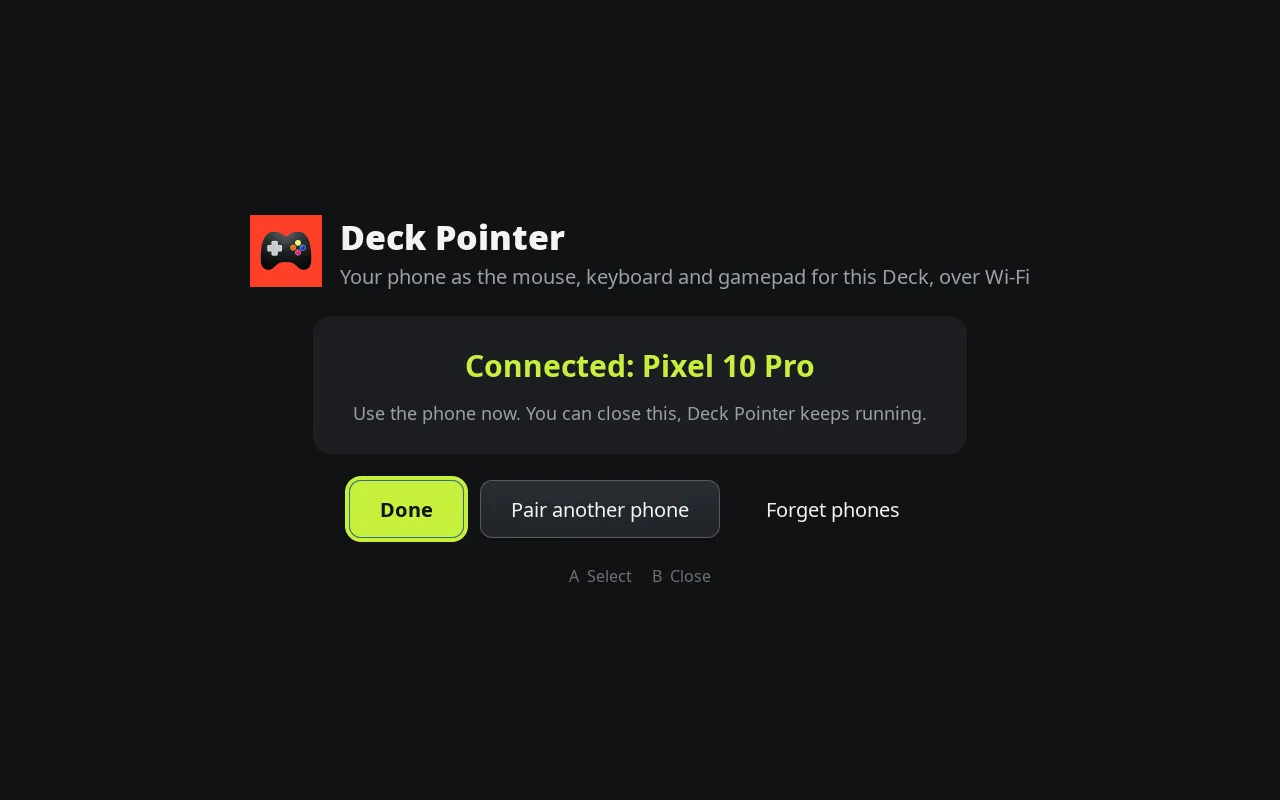 Deck Pointer on the Deck showing Connected: Pixel 10 Pro, with Done, Pair another phone and Forget phones