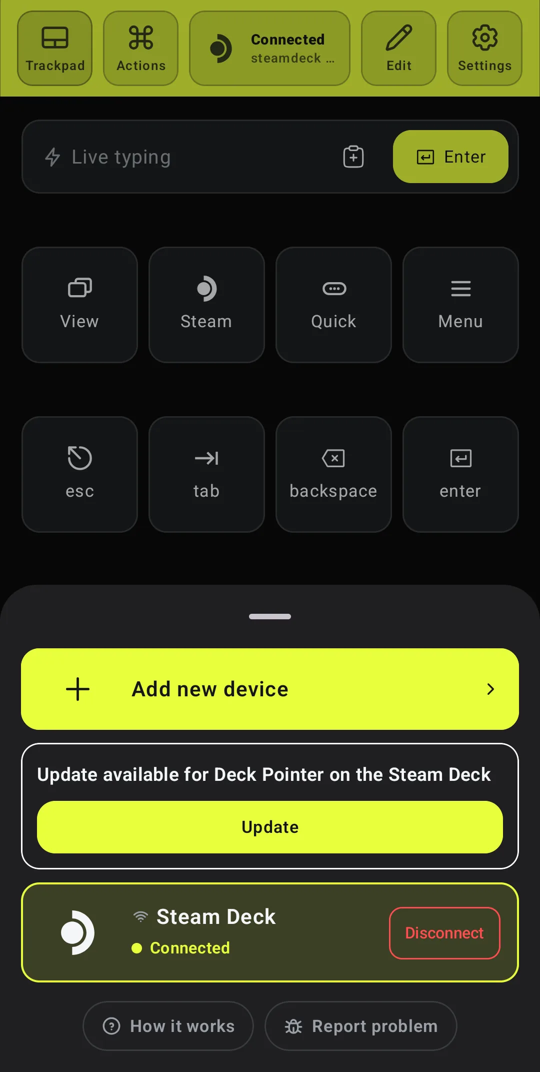 Device list with a card Update available for Deck Pointer on the Steam Deck and an Update button