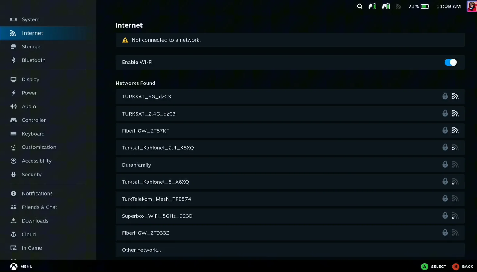 Steam Deck Internet settings reading Not connected to a network, with a list of networks found