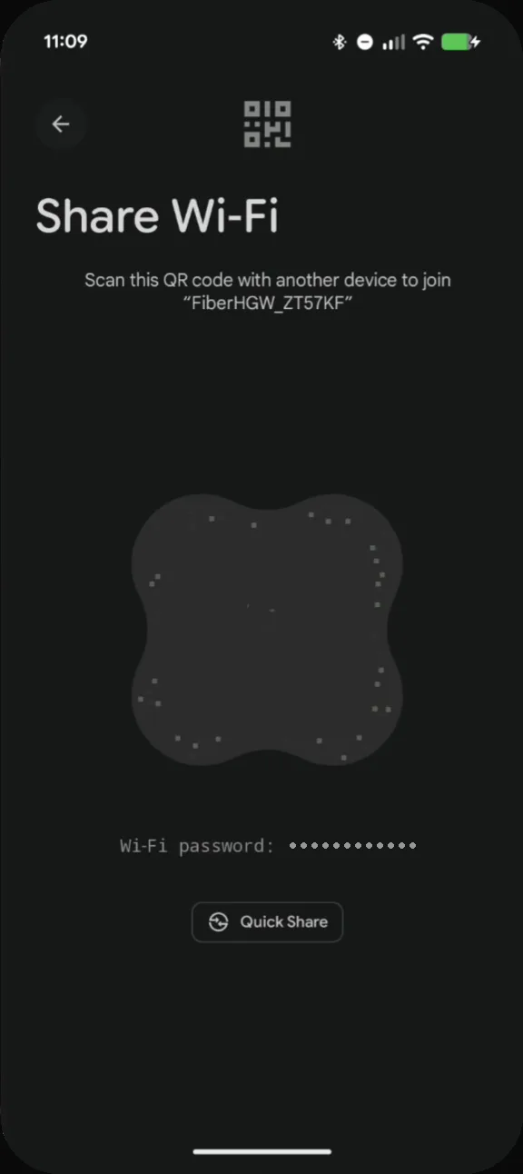 Android's Share Wi-Fi screen with the network name and a hidden Wi-Fi password under the QR code